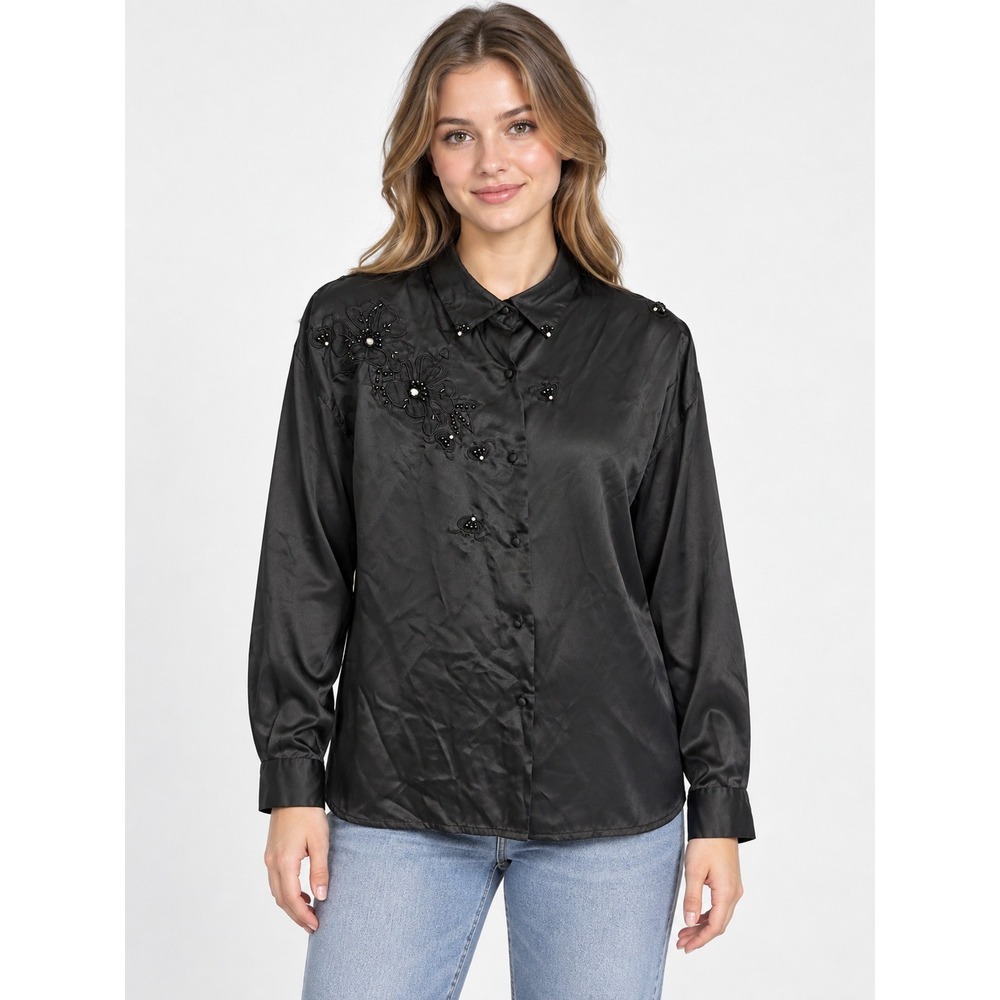 Para Beaded Floral Satin Blouse Womens 10 Black Excellent Long Sleeve Button Up